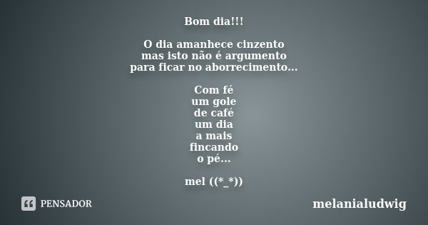 Bom dia!!! O dia amanhece cinzento mas isto não é argumento para ficar no aborrecimento... Com fé um gole de café um dia a mais fincando o pé... mel ((*_*))... Frase de melanialudwig.