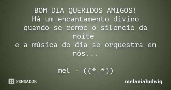 BOM DIA QUERIDOS AMIGOS! Há um encantamento divino quando se rompe o silencio da noite e a música do dia se orquestra em nós... mel - ((*_*))... Frase de melanialudwig.