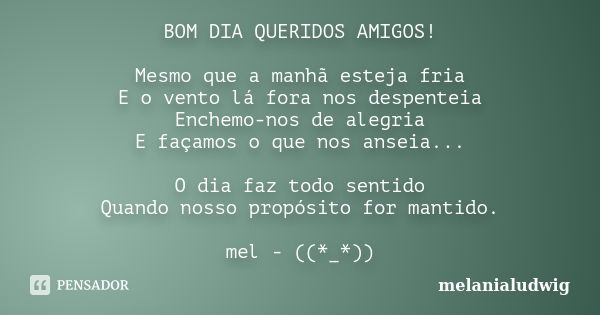 BOM DIA QUERIDOS AMIGOS! Mesmo que a manhã esteja fria E o vento lá fora nos despenteia Enchemo-nos de alegria E façamos o que nos anseia... O dia faz todo sent... Frase de melanialudwig.