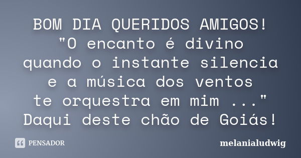 BOM DIA QUERIDOS AMIGOS! "O encanto é divino quando o instante silencia e a música dos ventos te orquestra em mim ..." Daqui deste chão de Goiás!... Frase de melanialudwig.