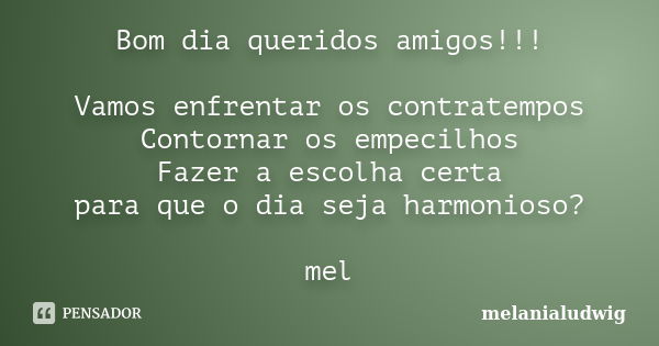 Bom dia queridos amigos!!! Vamos enfrentar os contratempos Contornar os empecilhos Fazer a escolha certa para que o dia seja harmonioso? mel... Frase de melanialudwig.