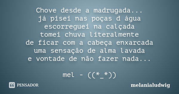 Chove desde a madrugada... já pisei nas poças d água escorreguei na calçada tomei chuva literalmente de ficar com a cabeça enxarcada uma sensação de alma lavada... Frase de melanialudwig.