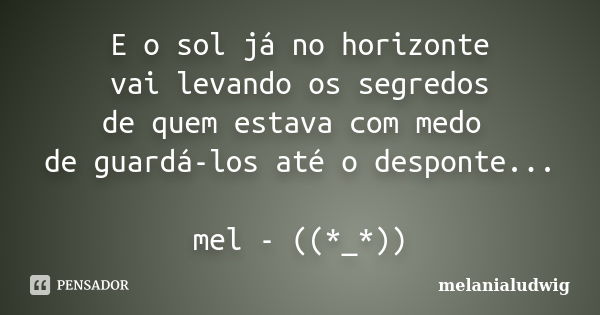 E o sol já no horizonte vai levando os segredos de quem estava com medo de guardá-los até o desponte... mel - ((*_*))... Frase de melanialudwig.