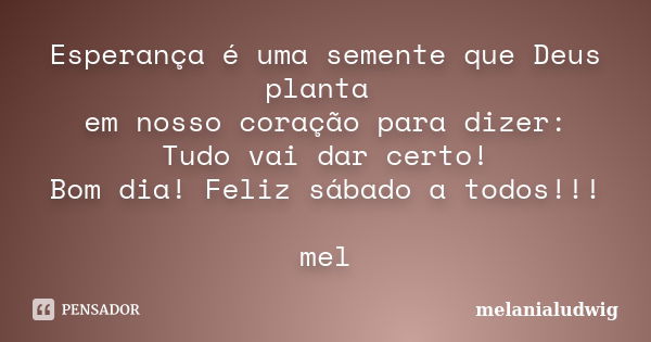 Esperança é uma semente que Deus planta em nosso coração para dizer: Tudo vai dar certo! Bom dia! Feliz sábado a todos!!! mel... Frase de melanialudwig.