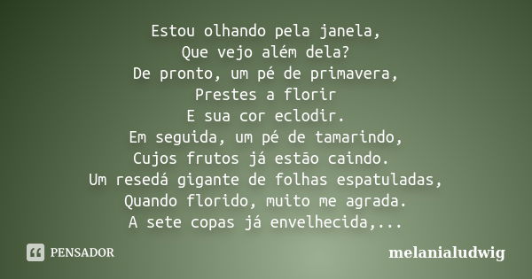 Estou olhando pela janela, Que vejo além dela? De pronto, um pé de primavera, Prestes a florir E sua cor eclodir. Em seguida, um pé de tamarindo, Cujos frutos j... Frase de melanialudwig.