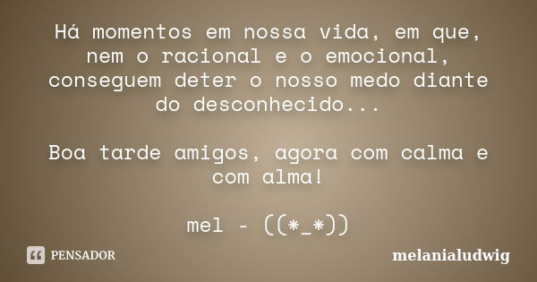 Há momentos em nossa vida, em que, nem o racional e o emocional, conseguem deter o nosso medo diante do desconhecido... Boa tarde amigos, agora com calma e com ... Frase de melanialudwig.