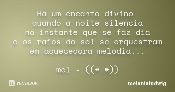 Há um encanto divino quando a noite silencia no instante que se faz dia e os raios do sol se orquestram em aquecedora melodia... mel - ((*_*))... Frase de melanialudwig.