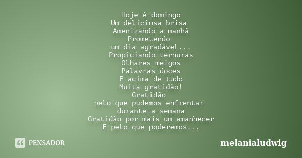 Hoje é domingo Um deliciosa brisa Amenizando a manhã Prometendo um dia agradável... Propiciando ternuras Olhares meigos Palavras doces E acima de tudo Muita gra... Frase de melanialudwig.