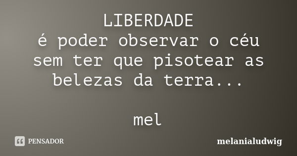 LIBERDADE é poder observar o céu sem ter que pisotear as belezas da terra... mel... Frase de melanialudwig.