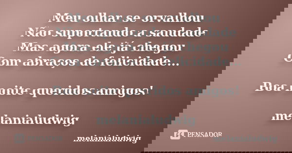 Meu olhar se orvalhou Não suportando a saudade Mas agora ele já chegou Com abraços de felicidade... Boa noite queridos amigos! melanialudwig... Frase de melanialudwig.