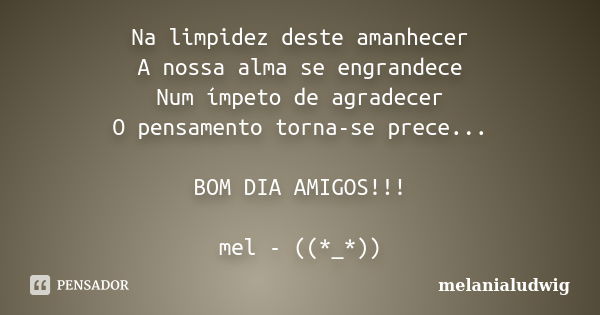 Na limpidez deste amanhecer A nossa alma se engrandece Num ímpeto de agradecer O pensamento torna-se prece... BOM DIA AMIGOS!!! mel - ((*_*))... Frase de melanialudwig.