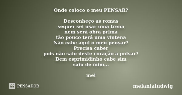 Onde coloco o meu PENSAR? Desconheço as romas sequer sei usar uma trena nem será obra prima tão pouco terá uma vintena Não cabe aqui o meu pensar? Precisa caber... Frase de melanialudwig.