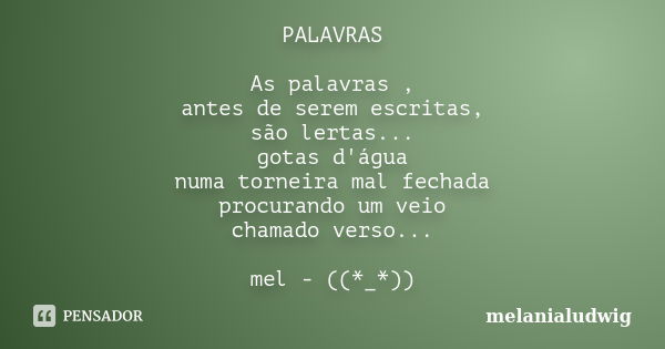 PALAVRAS As palavras , antes de serem escritas, são lertas... gotas d'água numa torneira mal fechada procurando um veio chamado verso... mel - ((*_*))... Frase de melanialudwig.