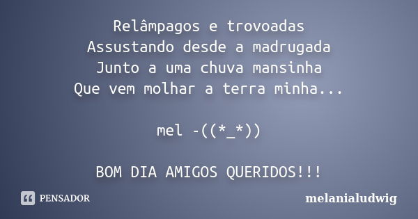 Relâmpagos e trovoadas Assustando desde a madrugada Junto a uma chuva mansinha Que vem molhar a terra minha... mel -((*_*)) BOM DIA AMIGOS QUERIDOS!!!... Frase de melanialudwig.