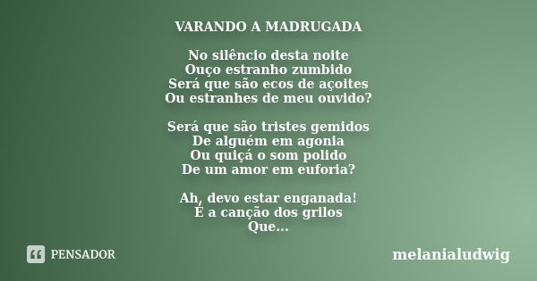 VARANDO A MADRUGADA No silêncio desta noite Ouço estranho zumbido Será que são ecos de açoites Ou estranhes de meu ouvido? Será que são tristes gemidos De algué... Frase de melanialudwig.