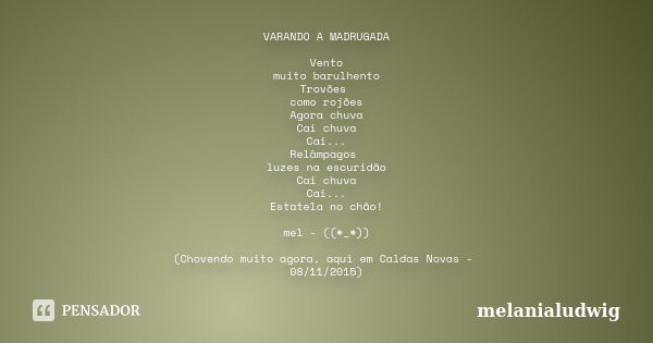 VARANDO A MADRUGADA Vento muito barulhento Trovões como rojões Agora chuva Cai chuva Cai... Relâmpagos luzes na escuridão Cai chuva Cai... Estatela no chão! mel... Frase de melanialudwig.