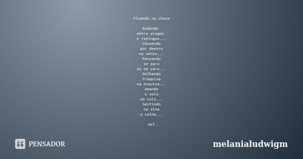 Pisando na chuva Andando entre pingos e repingos... Chovendo por dentro no vento... Pensando se paro ou se varo... Molhando traquina na esquina... Amando o solo... Frase de melanialudwigm.