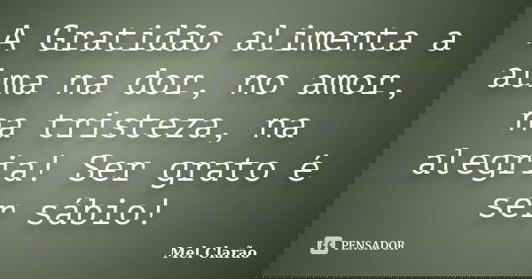 A Gratidão alimenta a alma na dor, no amor, na tristeza, na alegria! Ser grato é ser sábio!... Frase de Mel Clarão.