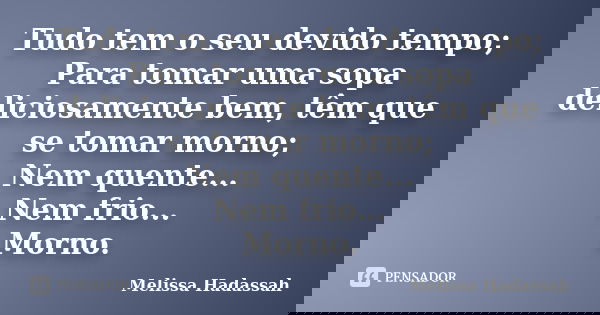Tudo tem o seu devido tempo; Para tomar uma sopa deliciosamente bem, têm que se tomar morno; Nem quente... Nem frio... Morno.... Frase de Melissa Hadassah.