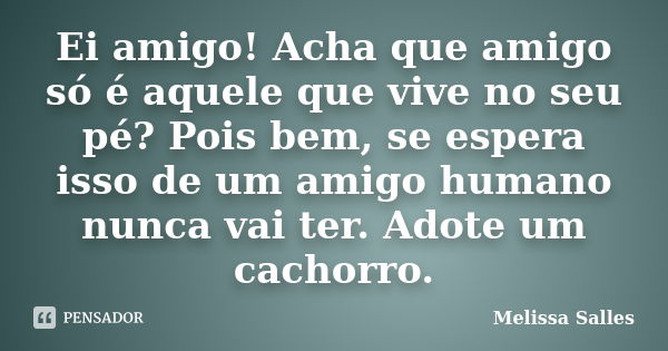 Ei amigo! Acha que amigo só é aquele que vive no seu pé? Pois bem, se espera isso de um amigo humano nunca vai ter. Adote um cachorro.... Frase de Melissa Salles.