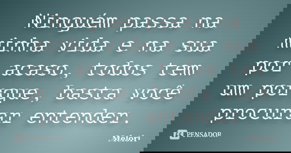Ninguém passa na minha vida e na sua por acaso, todos tem um porque, basta você procurar entender.... Frase de Melori.