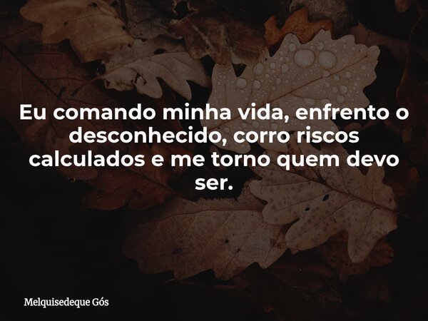 Eu comando minha vida, enfrento o desconhecido, corro riscos calculados e me torno quem devo ser.... Frase de Melquisedeque Gós.