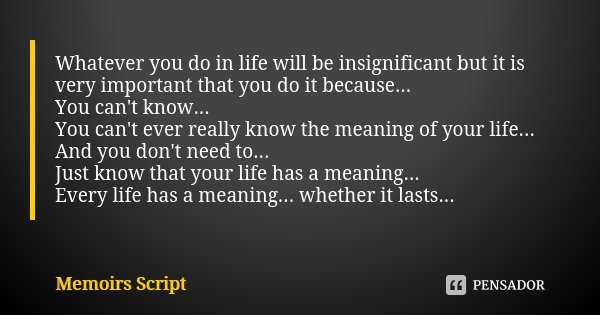Whatever you do in life will be insignificant but it is very important that you do it because... You can't know... You can't ever really know the meaning of you... Frase de Memoirs Script.