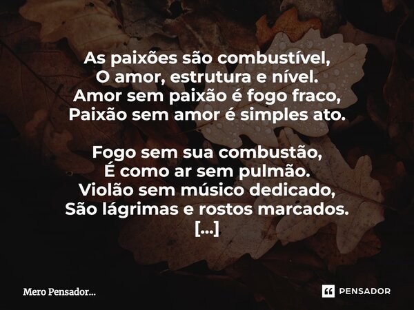As paixões são combustível, O amor, estrutura e nível. Amor sem paixão é fogo fraco, Paixão sem amor é simples ato. Fogo sem sua combustão, É como ar sem pulmã... Frase de Mero Pensador....