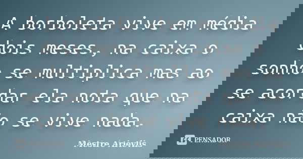 A borboleta vive em média dois meses, na caixa o sonho se multiplica mas ao se acordar ela nota que na caixa não se vive nada.... Frase de Mestre Ariévlis.