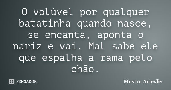 O volúvel por qualquer batatinha quando nasce, se encanta, aponta o nariz e vai. Mal sabe ele que espalha a rama pelo chão.... Frase de Mestre Ariévlis.