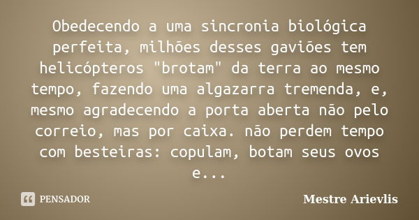 Obedecendo a uma sincronia biológica perfeita, milhões desses gaviões tem helicópteros "brotam" da terra ao mesmo tempo, fazendo uma algazarra tremend... Frase de Mestre Ariévlis.