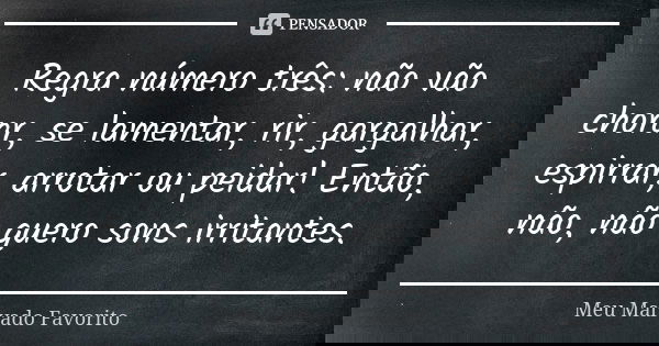 Regra número três: não vão chorar, se lamentar, rir, gargalhar, espirrar, arrotar ou peidar! Então, não, não quero sons irritantes.... Frase de Meu Malvado Favorito.