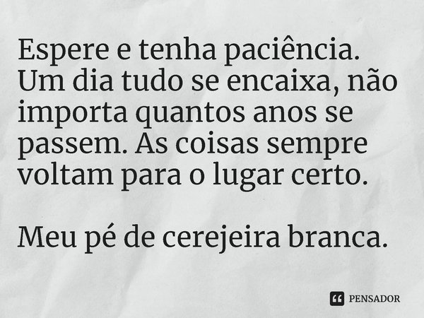 ⁠Espere e tenha paciência. Um dia tudo se encaixa, não importa quantos anos se passem. As coisas sempre voltam para o lugar certo.... Frase de Meu pé de cerejeira branca..