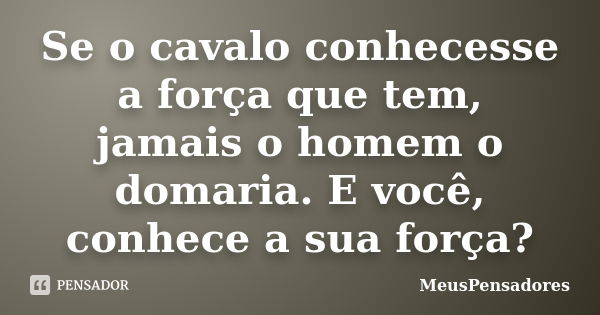 Se o cavalo conhecesse a força que tem, jamais o homem o domaria. E você, conhece a sua força?... Frase de MeusPensadores.