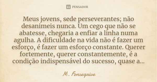 Meus jovens, sede perseverantes; não desanimeis nunca. Um cego que não se abatesse, chegaria a enfiar a linha numa agulha. A dificuldade na vida não é fazer um ... Frase de M. Fonsegrive.