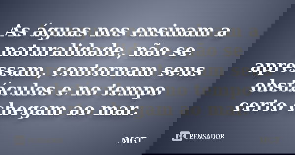 As águas nos ensinam a naturalidade, não se apressam, contornam seus obstáculos e no tempo certo chegam ao mar.... Frase de MGT.