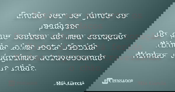 Então ver se junte os pedaços Do que sobrou do meu coração Minha alma está ferida Minhas lágrimas atravessando o chão.... Frase de Mia Garcia.