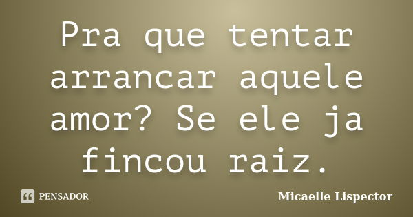 Pra que tentar arrancar aquele amor? Se ele ja fincou raiz.... Frase de Micaelle Lispector.