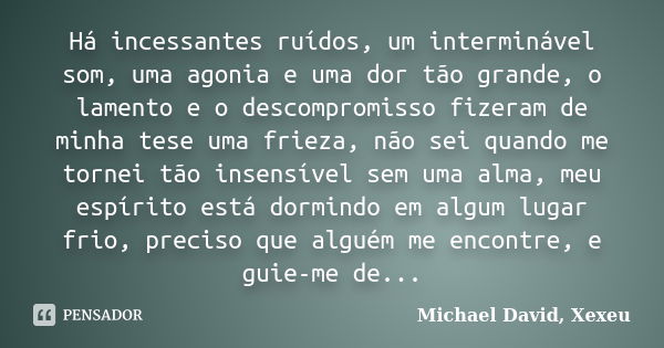 Há incessantes ruídos, um interminável som, uma agonia e uma dor tão grande, o lamento e o descompromisso fizeram de minha tese uma frieza, não sei quando me to... Frase de Michael David, Xexeu.