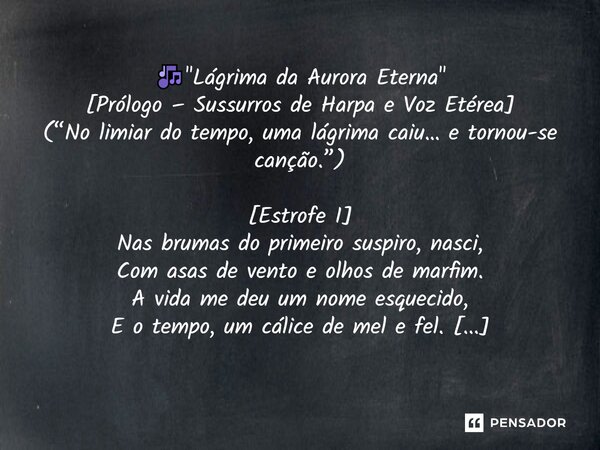 🎶 "Lágrima da Aurora Eterna" (“No limiar do tempo, uma lágrima caiu… e tornou-se canção.”) Nas brumas do primeiro suspiro, nasci, Com asas de vento e... Frase de MichaelBruthor.