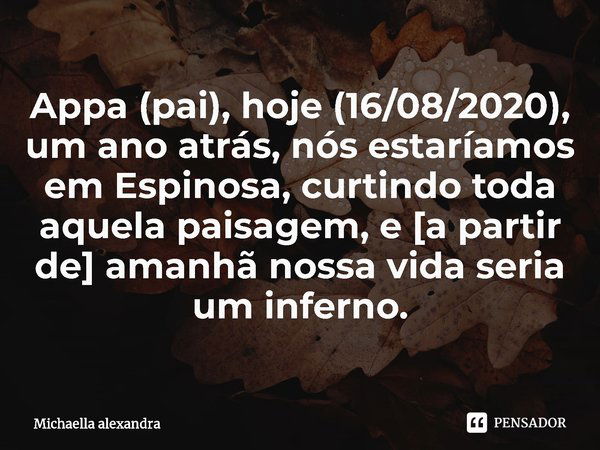 ⁠⁠Appa (pai), hoje (16/08/2020), um ano atrás, nós estaríamos em Espinosa, curtindo toda aquela paisagem, e [a partir de] amanhã nossa vida seria um inferno.... Frase de Michaella alexandra.