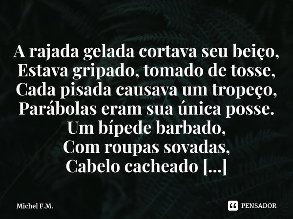 ⁠A rajada gelada cortava seu beiço,
Estava gripado, tomado de tosse,
Cada pisada causava um tropeço,
Parábolas eram sua única posse.... Frase de Michel F.M..