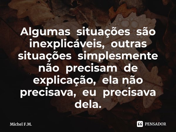 ⁠Algumas situações são inexplicáveis, outras situações simplesmente não precisam de explicação, ela não precisava, eu precisava dela.... Frase de Michel F.M..