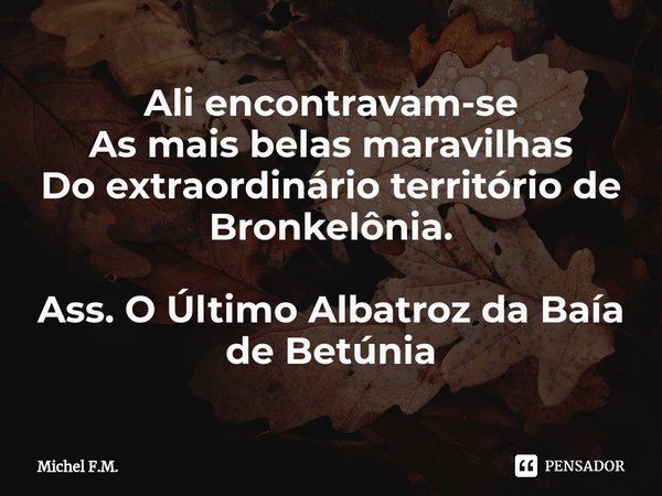 ⁠Ali encontravam-se
As mais belas maravilhas
Do extraordinário território de Bronkelônia. Ass. O Último Albatroz da Baía de Betúnia... Frase de Michel F.M..