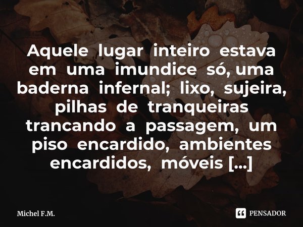 ⁠Aquele lugar inteiro estava em uma imundice só, uma baderna infernal; lixo, sujeira, pilhas de tranqueiras trancando a passagem, um piso encardido, ambientes e... Frase de Michel F.M..