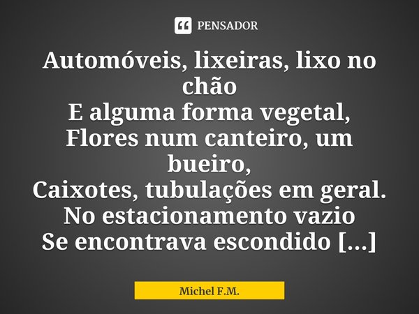 ⁠Automóveis, lixeiras, lixo no chão
E alguma forma vegetal,
Flores num canteiro, um bueiro,
Caixotes, tubulações em geral.... Frase de Michel F.M..