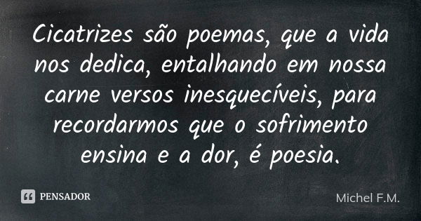 Cicatrizes são poemas, que a vida nos dedica, entalhando em nossa carne versos inesquecíveis, para recordarmos que o sofrimento ensina e a dor, é poesia.... Frase de Michel F.M..