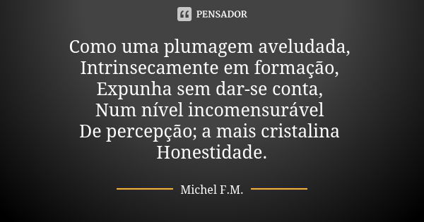 Como uma plumagem aveludada, Intrinsecamente em formação, Expunha sem dar-se conta, Num nível incomensurável De percepção; a mais cristalina Honestidade.... Frase de Michel F.M..