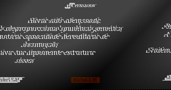 Havia sido abençoada, Pela desproporcional opulência genética, A notória capacidade hereditária de locomoção, Evidenciava tua imponente estrutura óssea.... Frase de Michel F.M..