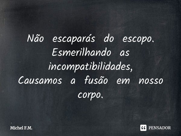 ⁠Não escaparás do escopo.
Esmerilhando as incompatibilidades,
Causamos a fusão em nosso corpo.... Frase de Michel F.M..